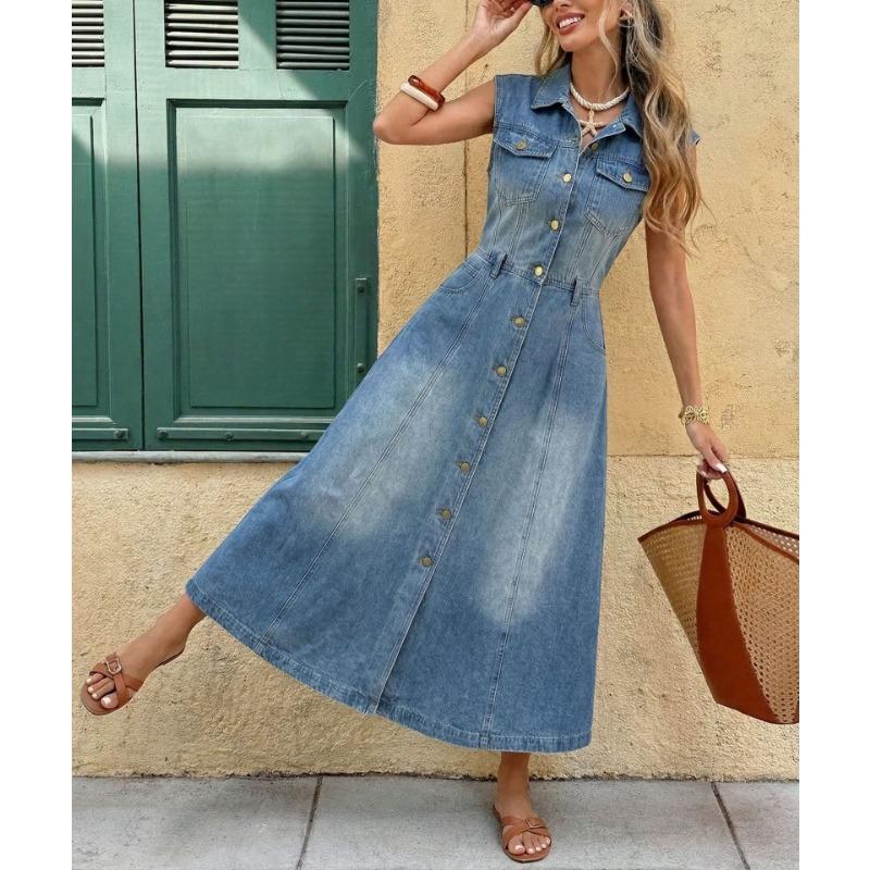 Fashion Washed Sleeveless Shirt Collar High Waist Denim Long Dress For Young Women