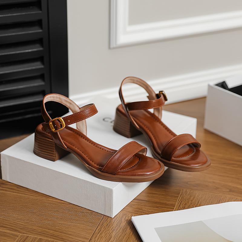 Summer new sandals women step on shit feeling medium heel thick heel one-word buckle belt Roman shoes wear holiday casual beach shoes