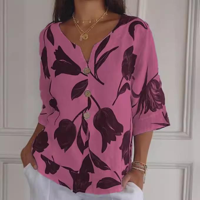 GMXIA Printed Cotton and Linen V-neck Short-sleeved Pullover Shirt