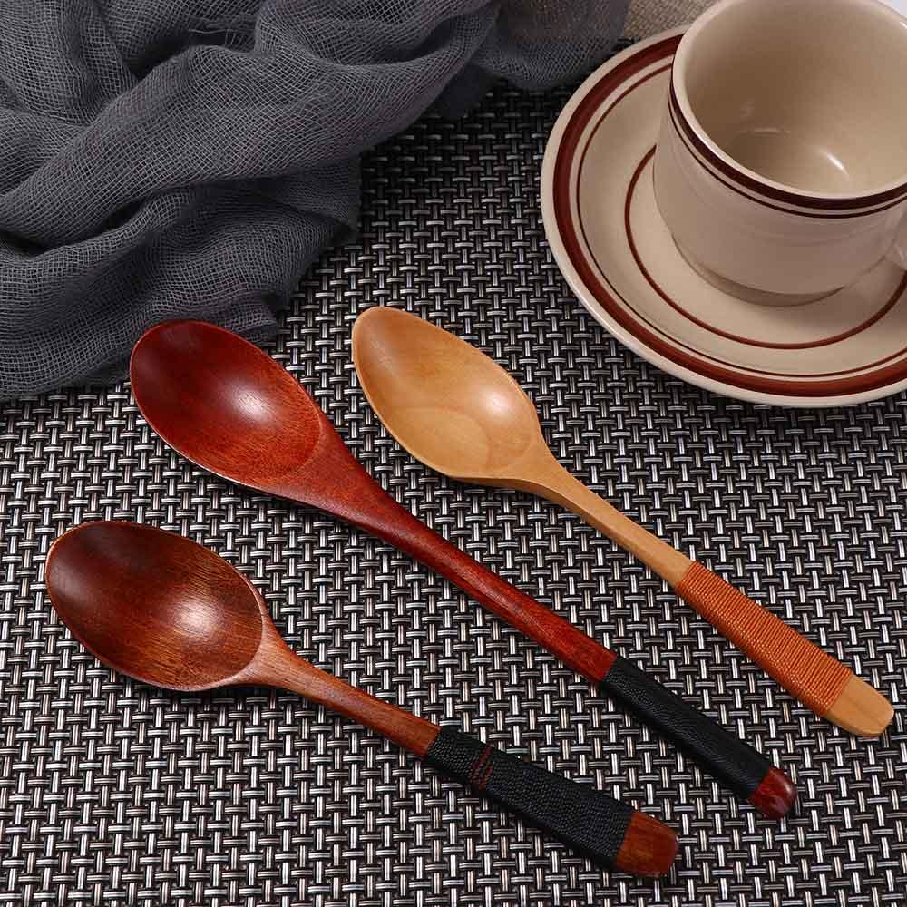 Mixing Baby Tableware with Tied Line Wooden Eating Cutlery Soup Spoons Scoop Kitchen Utensil