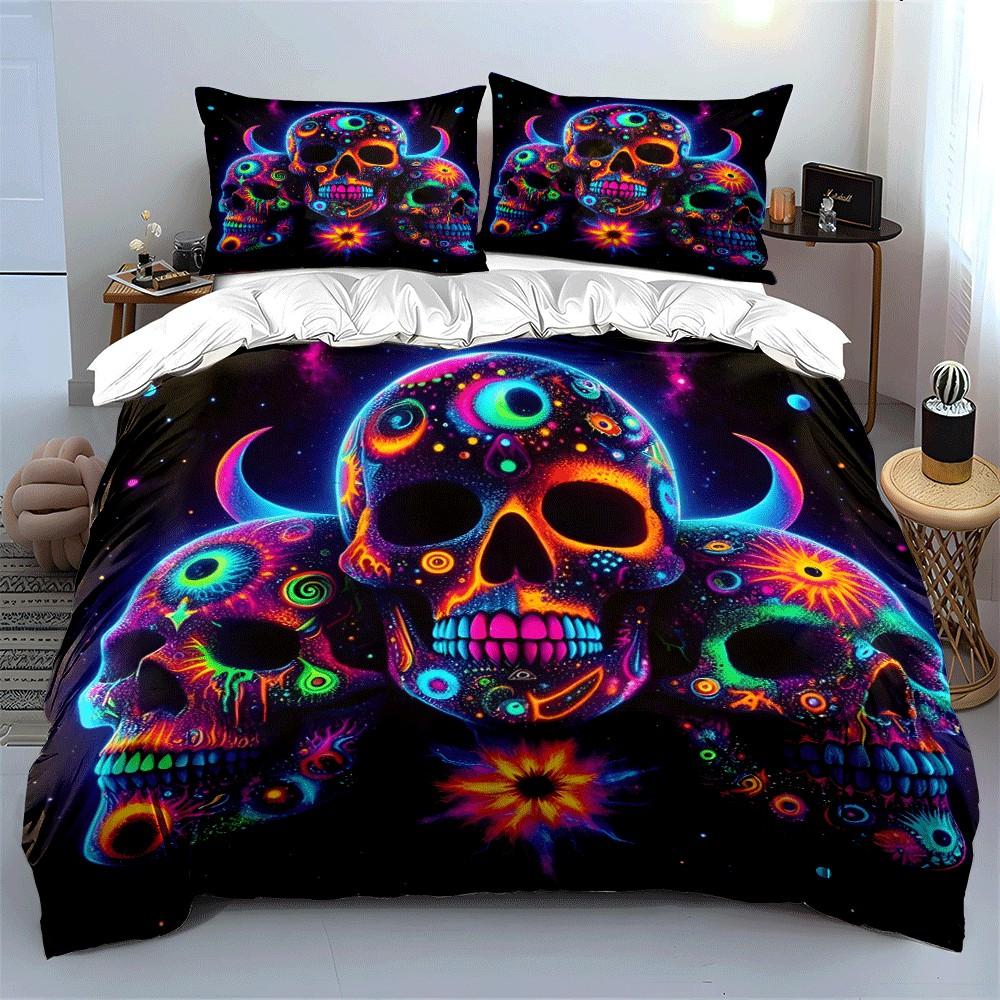 Neon Skull Art Set for Decor Exquisite three-piece bedding set gift for kids and adults