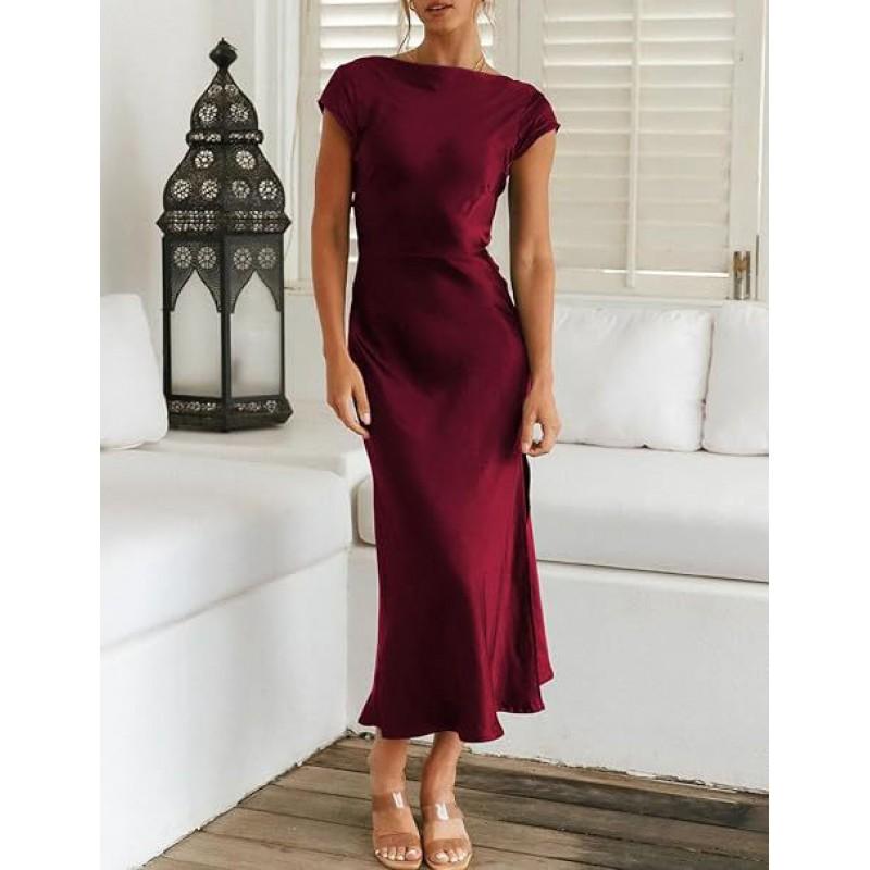 Elegant Satin Solid Color Off-Shoulder Midi Dress With Back Twist Knot Detail