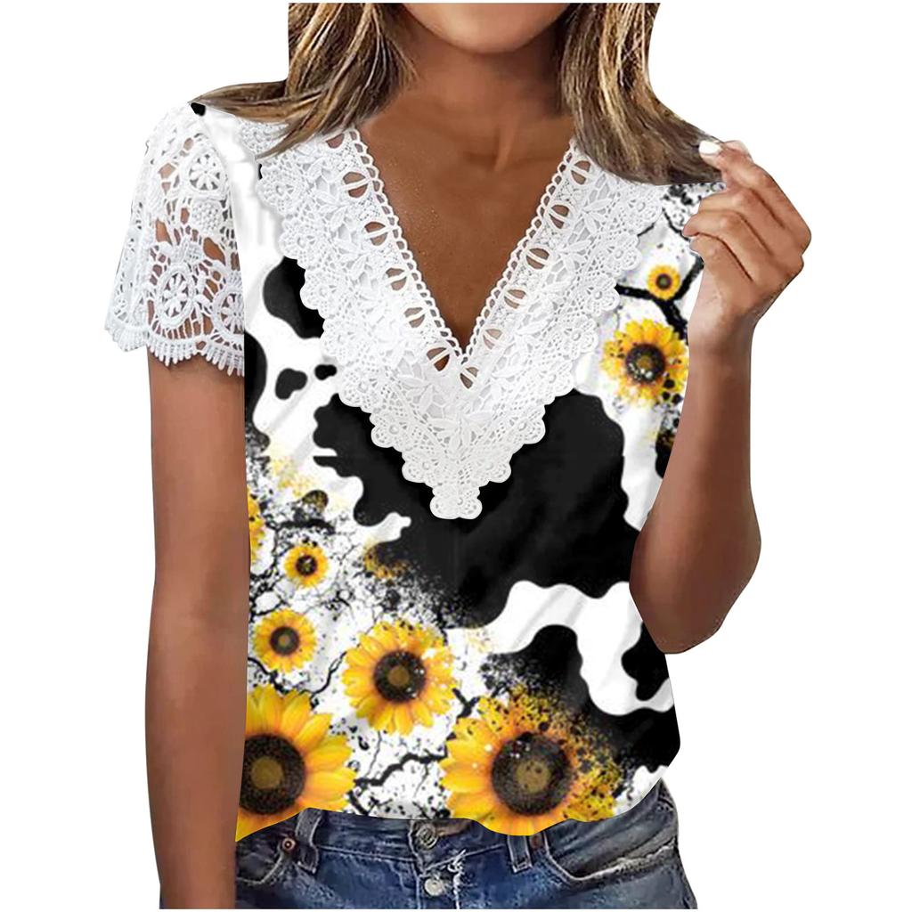 V Neck Lace Short Sleeve Print Ladies Top Summer Fashion Casual V Neck Print Short Sleeve Lace Sleeve T-Shirt Top