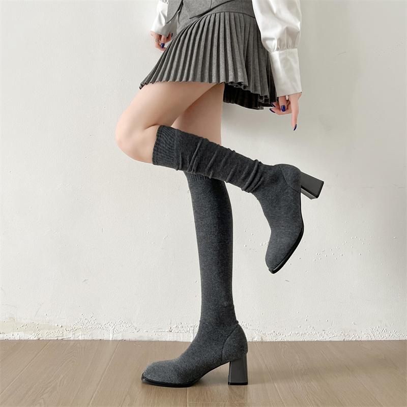 Fashion Versatile Square Toe High Heel Long Tube Boots for Women 2025 Autumn New Elegant Comfortable Casual Non Slip Socks Boots
