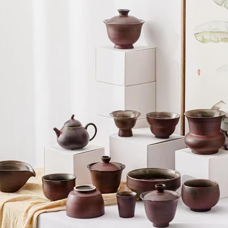 Hawthorn Red Vintage Coarse Pottery Powder Small Eggplant Melon Pot Brewing Teapot for Home Use Small Capacity Teapot Kung Fu Tea Set for Home Use