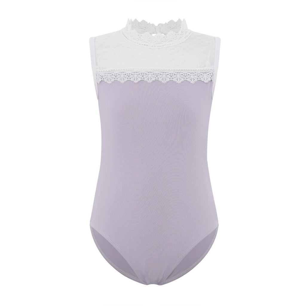Girls Gymnastics Bodysuit Delicate Lace Collar Sheer Mesh Patchwork Design Sleeveless Leotard