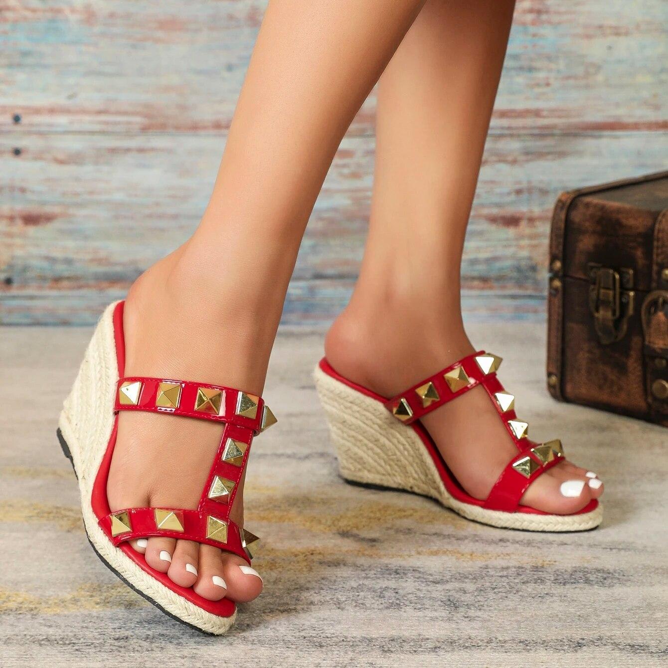 Женские красные сексуальные танцевальные сандалии на танкетке 8 — фото 4