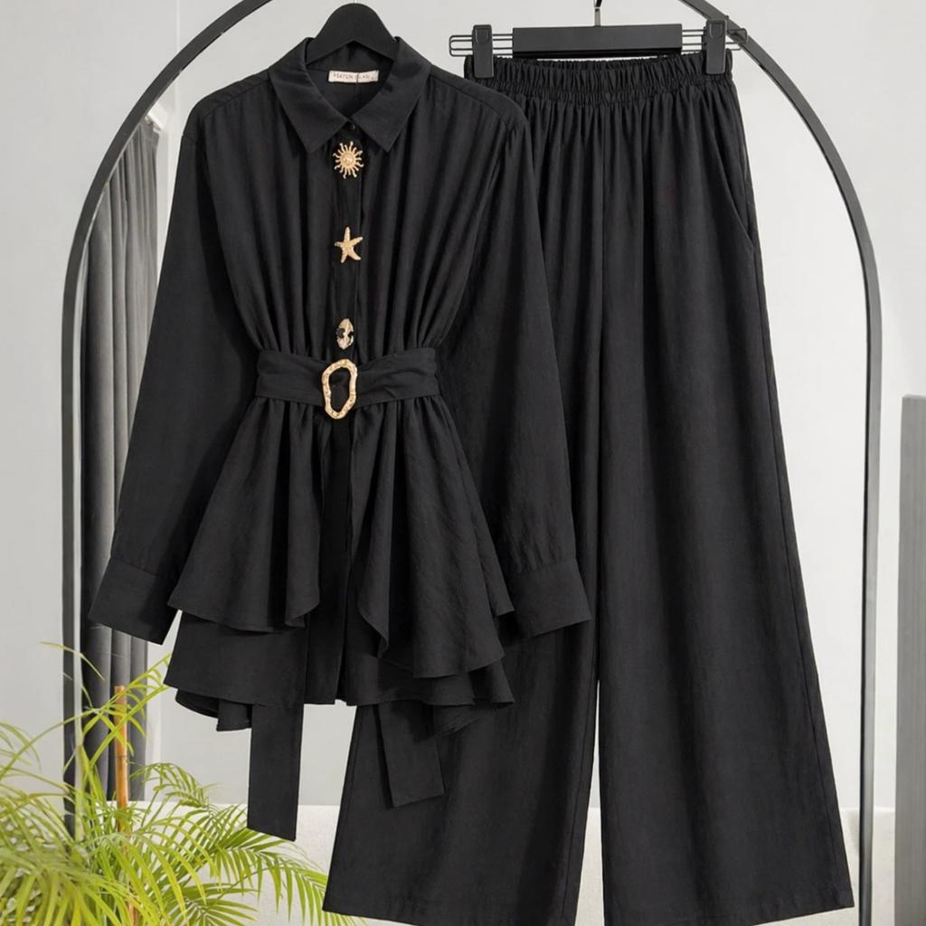 European and American Foreign Trade Women's Clothing Amazon Cross-border Spring and Autumn Long-sleeved Waist Belt Thin Top Wide-leg Trousers Set