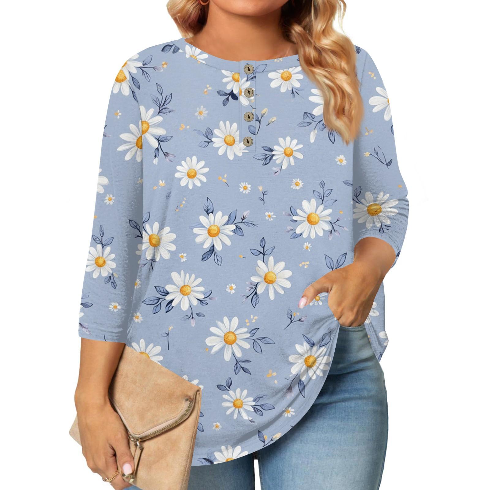 

Women s Large Size Print 3/4 Sleeve Button Collar Top T-Shirt Bottoming Shirt XXL