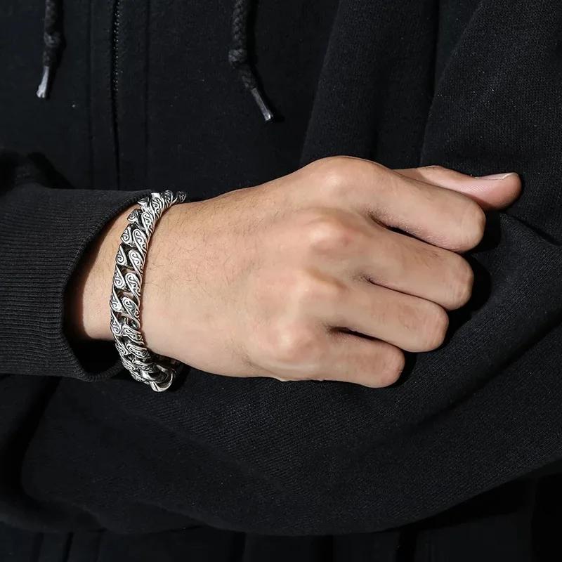 Bracelet Rétro Hip Hop Personnalité Motif Herbe Tang en Argent Sterling S925 Authentique pour Hommes et Femmes Bijou Certifié Mode Cadeau