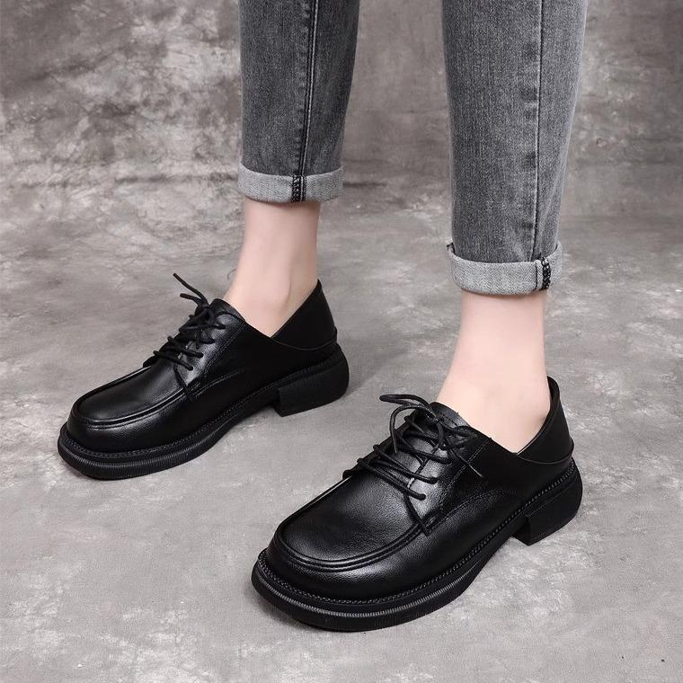 Leather Small Leather Shoes Women's Spring and Autumn New Round Head Lace-up Single Shoes Two Shoes