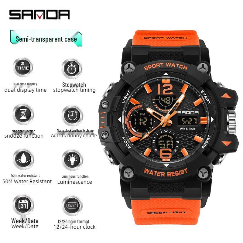 SANDA Multi-Function Sports Watch: 3-Time Zone, Waterproof, Luminous, Countdown Timer, Alarm, Student Electronic Watch.