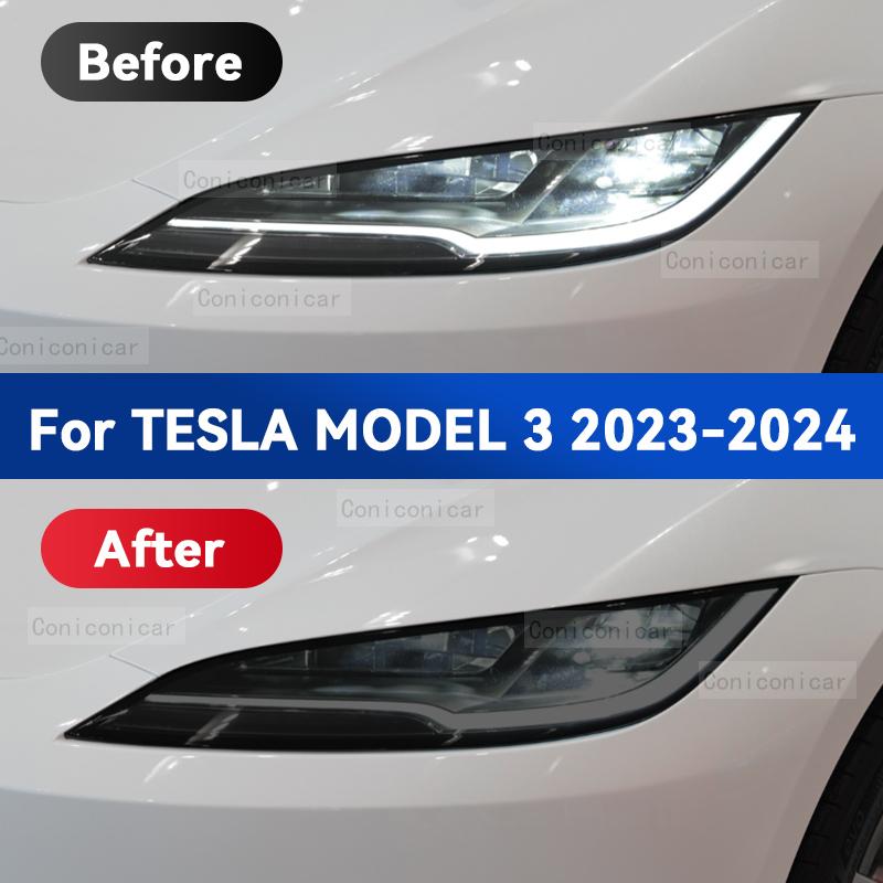 For TESLA Model 3 2023 2024 Car Headlight Smoked Black TPU Protective Film Front Light Tint Change Color Sticker Accessories