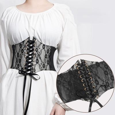 Wide Lace Corset Waist Belt Flower Embroidery Stretchy Silk Elastic Cummerbunds PU Leather DIY Slimming Body Belts