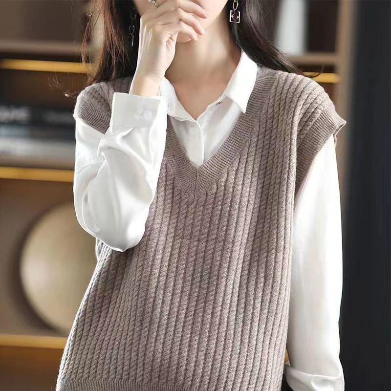 

Вязаный свитер без рукавов, женский свободный жилет в стиле ретро с V-образным вырезом, топ в ленивом стиле M верблюд