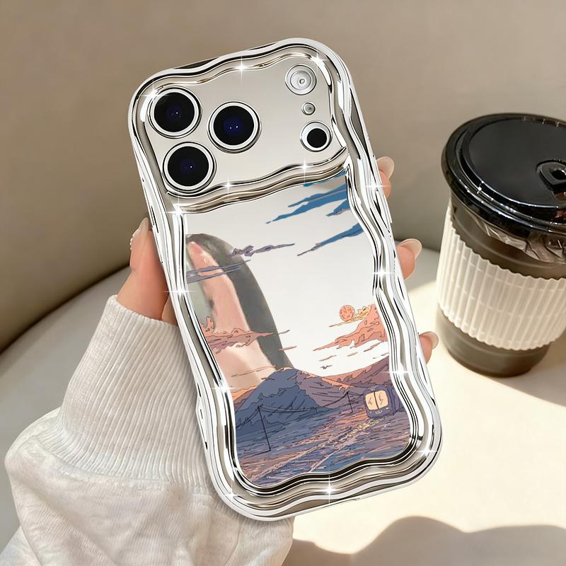 

Чехол для телефона с узором «Закат в горах» для iPhone 17 Pro Max Air 16e 16 15 14 13 Pro Max 11 12 Противоударный Роскошный Гальванизированный ТПУ Чехол iPhone17 серебряный