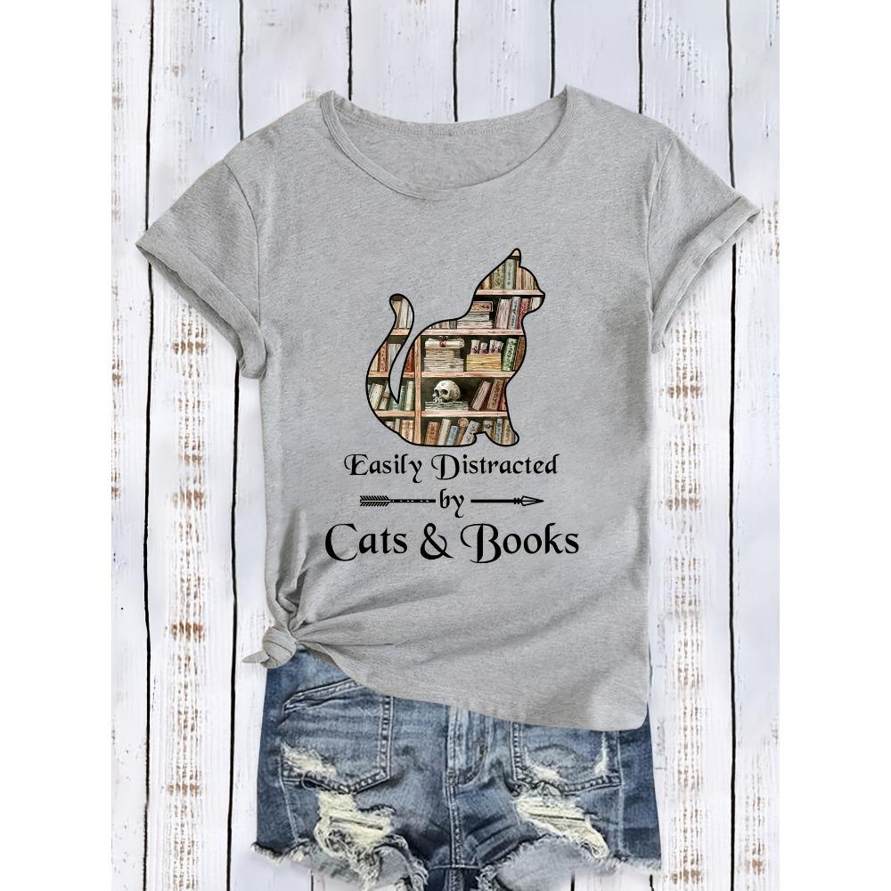 Women's Casual Short Sleeve with Cat and Bookshelf Print Easily Distracted By Cats Summer Sleeved Tops Tees