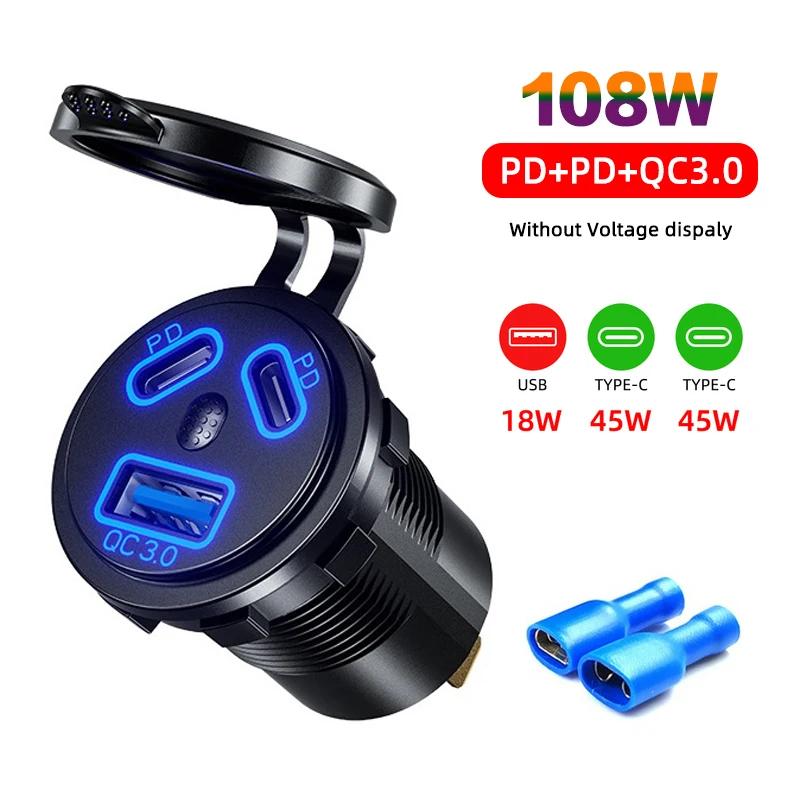 

Розетка USB 12 В/24 В 108 Вт 3 порта Автомобильное зарядное устройство Двойной 45 Вт PD Type C и 18 Вт QC 3.0 USB зарядное устройство для мотоциклетной розетки Адаптер для зарядки синий