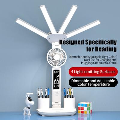 Lampada da lettura 3 in 1 con protezione per gli occhi con mini ventola, cancelleria, display temperatura/ora/data, senza sfarfallio, luce da scrivania, regali per studenti