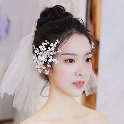 Bridal Headdress New Korean Style White Flower Rhinestone-Embedded Hair Comb Wedding Dress Accessories Europe and America Cross