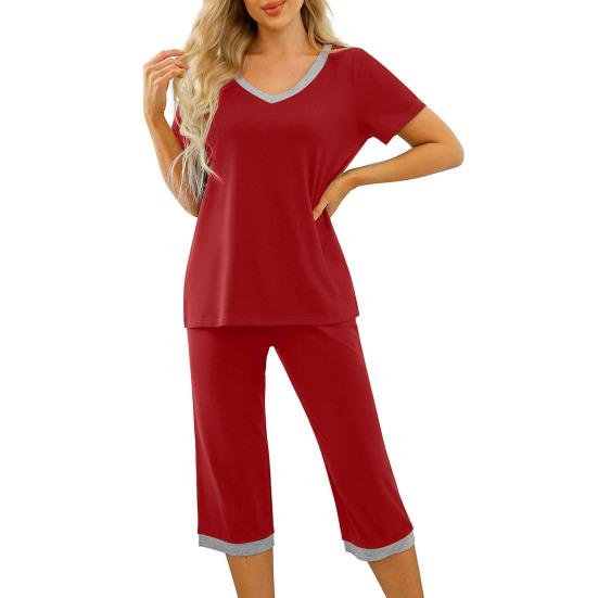 2 Pcs/Set Pajamas Set V Neck Contrast Color Short Sleeve Loose Homewear Elastic Waist Cropped Pants Summer Night Clothes