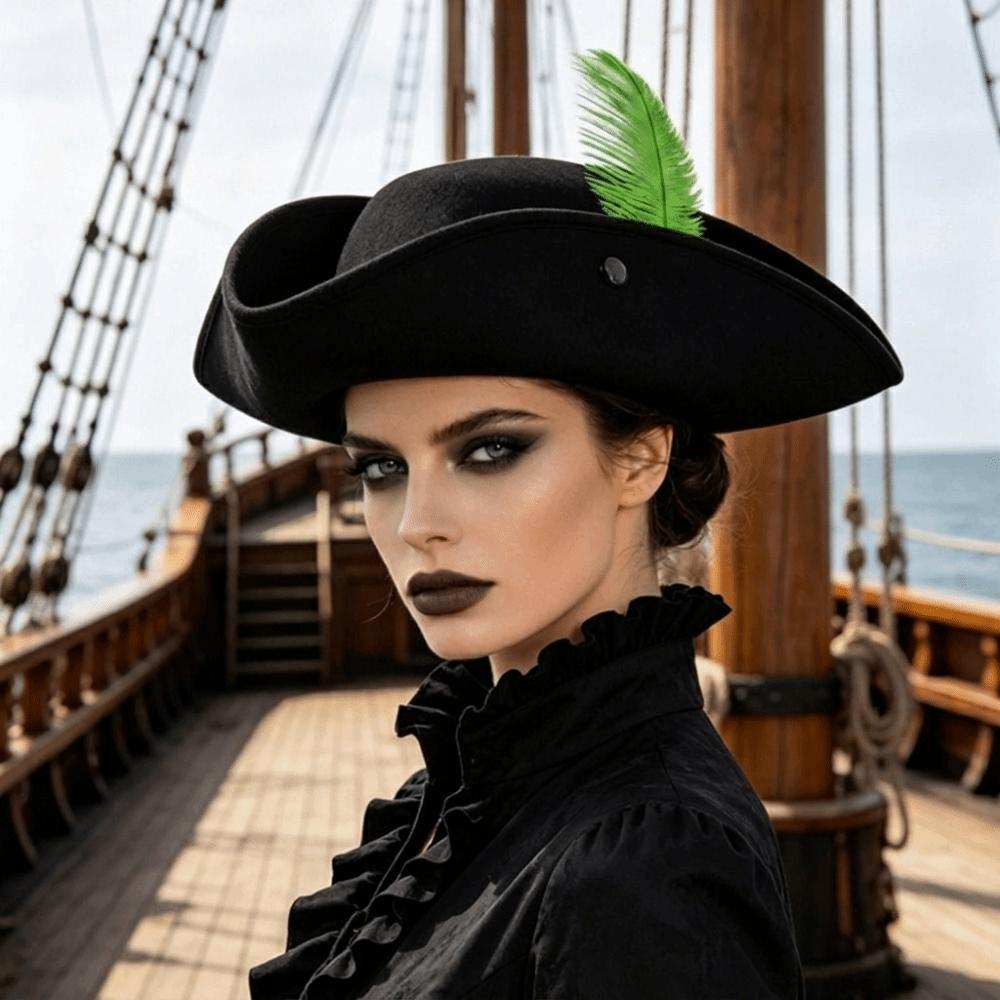 Classic Retro Tricorn Hat Wide Brim Pirate Headwear Pirate Feathers Hat Halloween Party