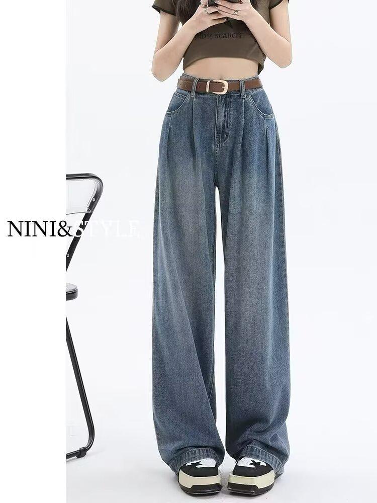 Plus Size Women's High Waist Wide Leg Drape Jeans - Autumn Retro Casual Pants