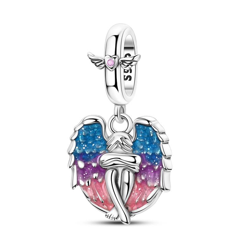 925 Silver Guardian Angel Charms Beads Angel Wings Drunk Angel DIY Bracelet Jewelry Gift for Birthday Lucky
