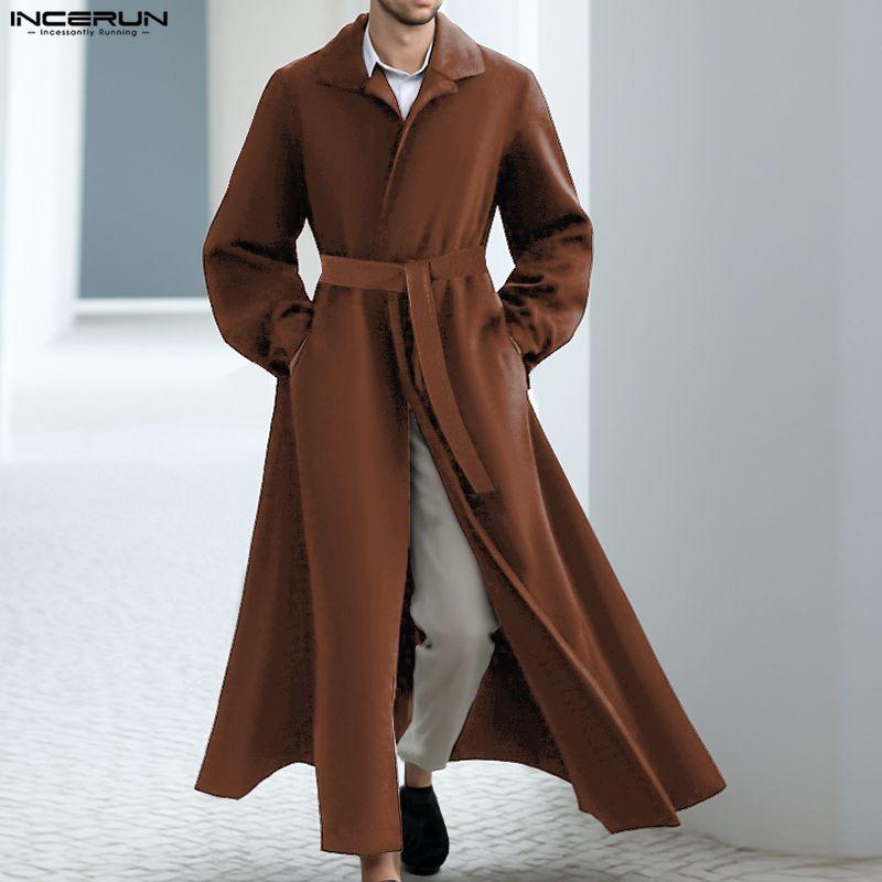 INCERUN Winter Autumn Men Long Sleeve Long Coat Belt Waist Casual Woolen Overcoat