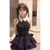 French Temperament Bow Slim Hanging Neck Waist Thin Backless Small Black Dress Summer New Fluffy Dress Women