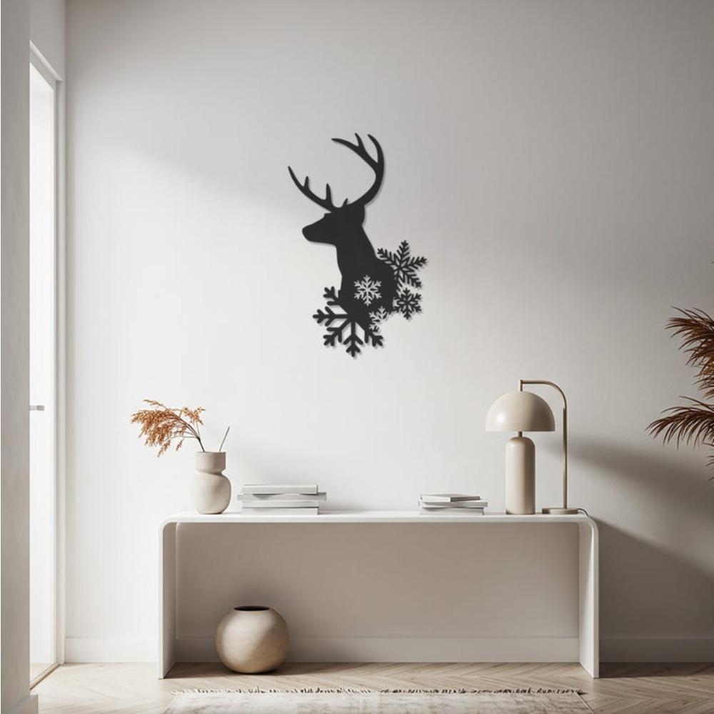 Black Steel Reindeer Head Wall Art, Nordic Christmas Snowflake Home Decor, Minimalist Metal Animal Silhouette
