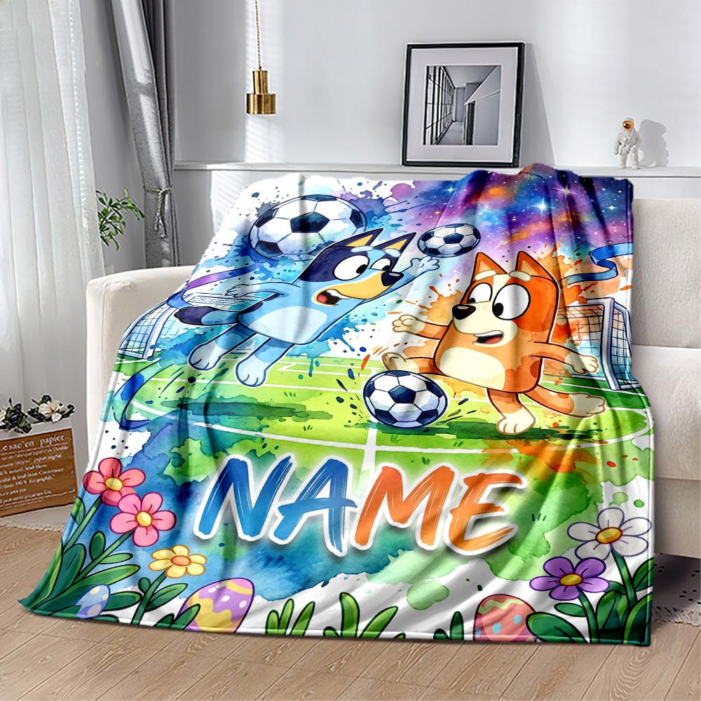 Soccer Fun Bluey Personalized Name Blanket Throw Customizable Blanket Comfortable Versatile for Living Room Seaside Sofa Picnics Ideal for All Seasons