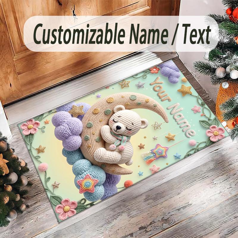 Teddy Bear Theme Crystal Velvet Rug Personalized Custom Name Text Soft Floor Mat Home Decor