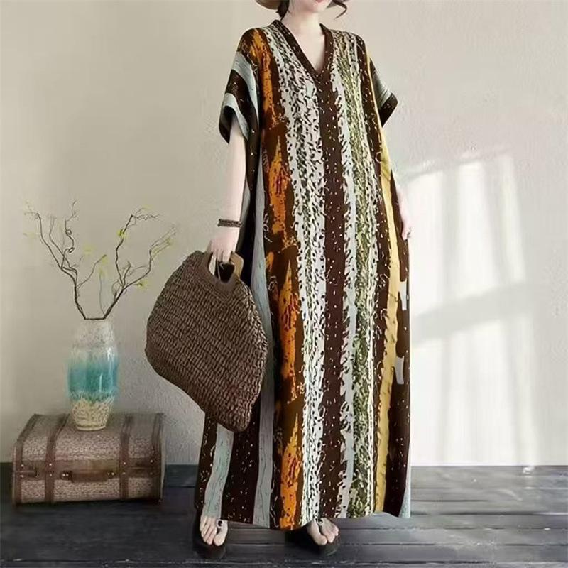 Cotton and linen printed round neck loose large size long sleeve fat MM plus fat plus size fake literary retro dress