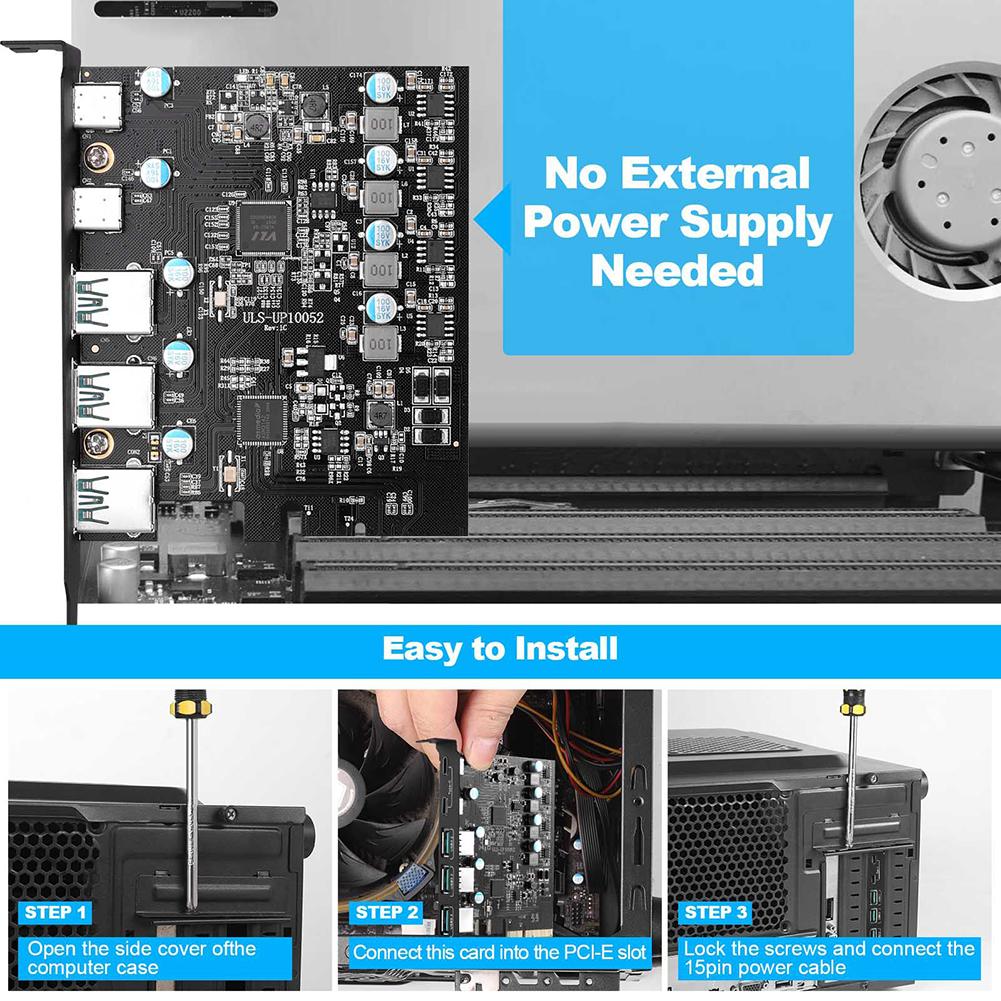 PCIe X4 auf USB 3.2 Erweiterungskarte 20Gbps 3x USB3.2 und 2x TPYC-C unterstützt Windows 7/8/10 (32/64 Bit)  OS 10.8.2 15W