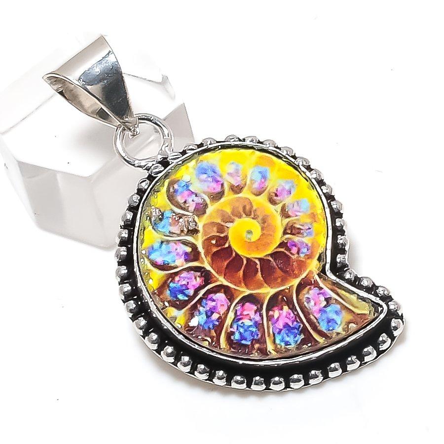 Ammonite Fossil Gemstone Handmade 925 Sterling Silver Jewelry Pendant 1.85" V1J51