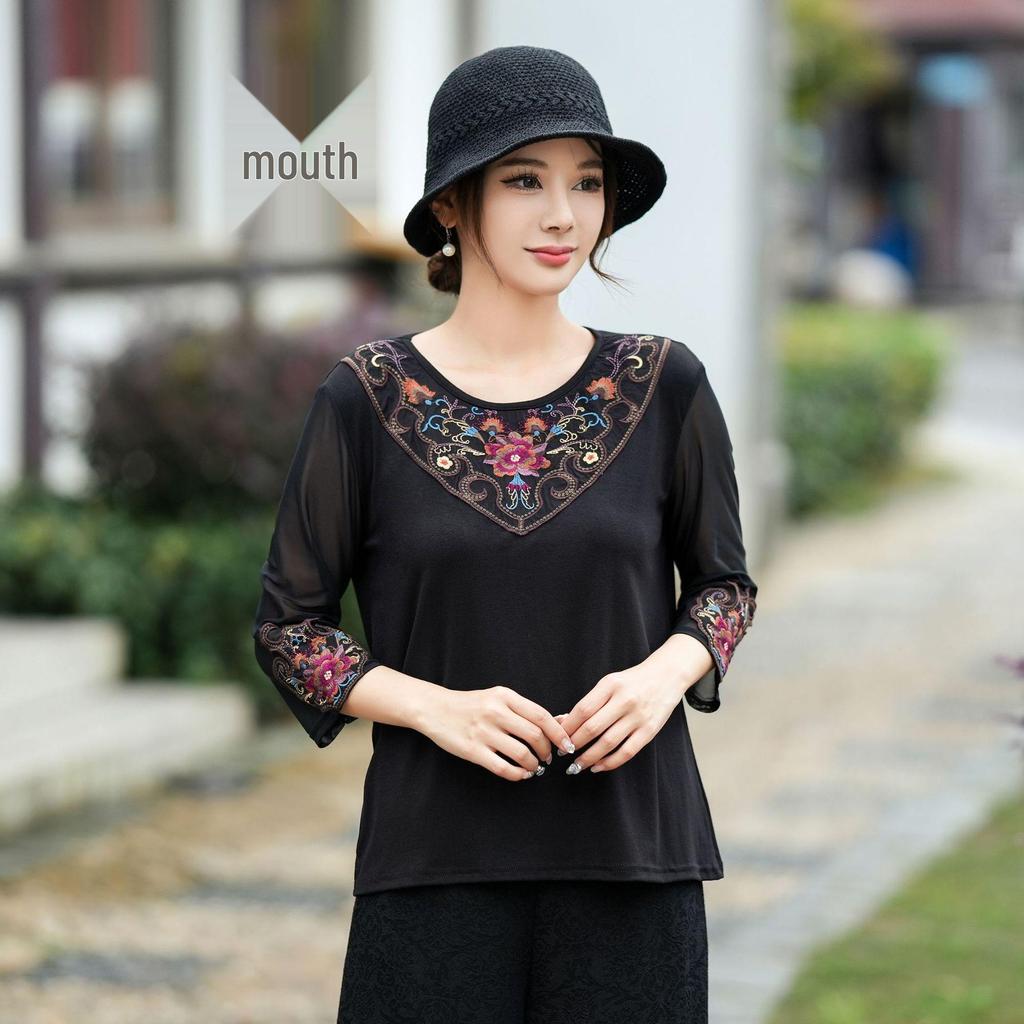 Women's 2025 Ethnic Embroidered Slim Fit T-shirt - New Chinese Style, Round Neck, Retro Spring/Summer Base Shirt