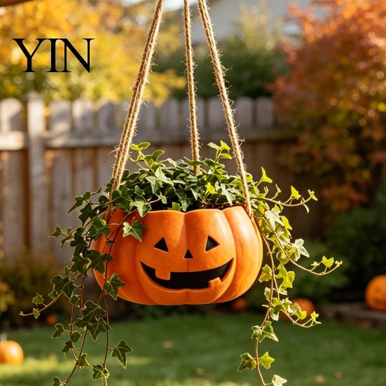 Versatile Tabletop Plant Vessel Pumpkin Shaped Hanging Pot, 4.3 Inch Lightweight Resin Flower Adjustable Decorative Container Rope Mini Pots