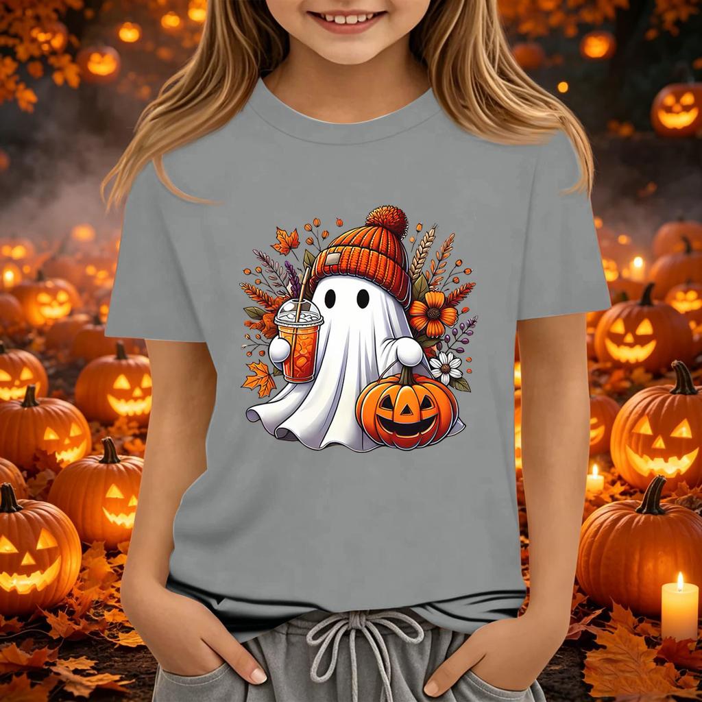 Kids Halloween Printed Short Sleeve T-Shirt Neck Relaxed Fit Casual Top for Boys and Girls