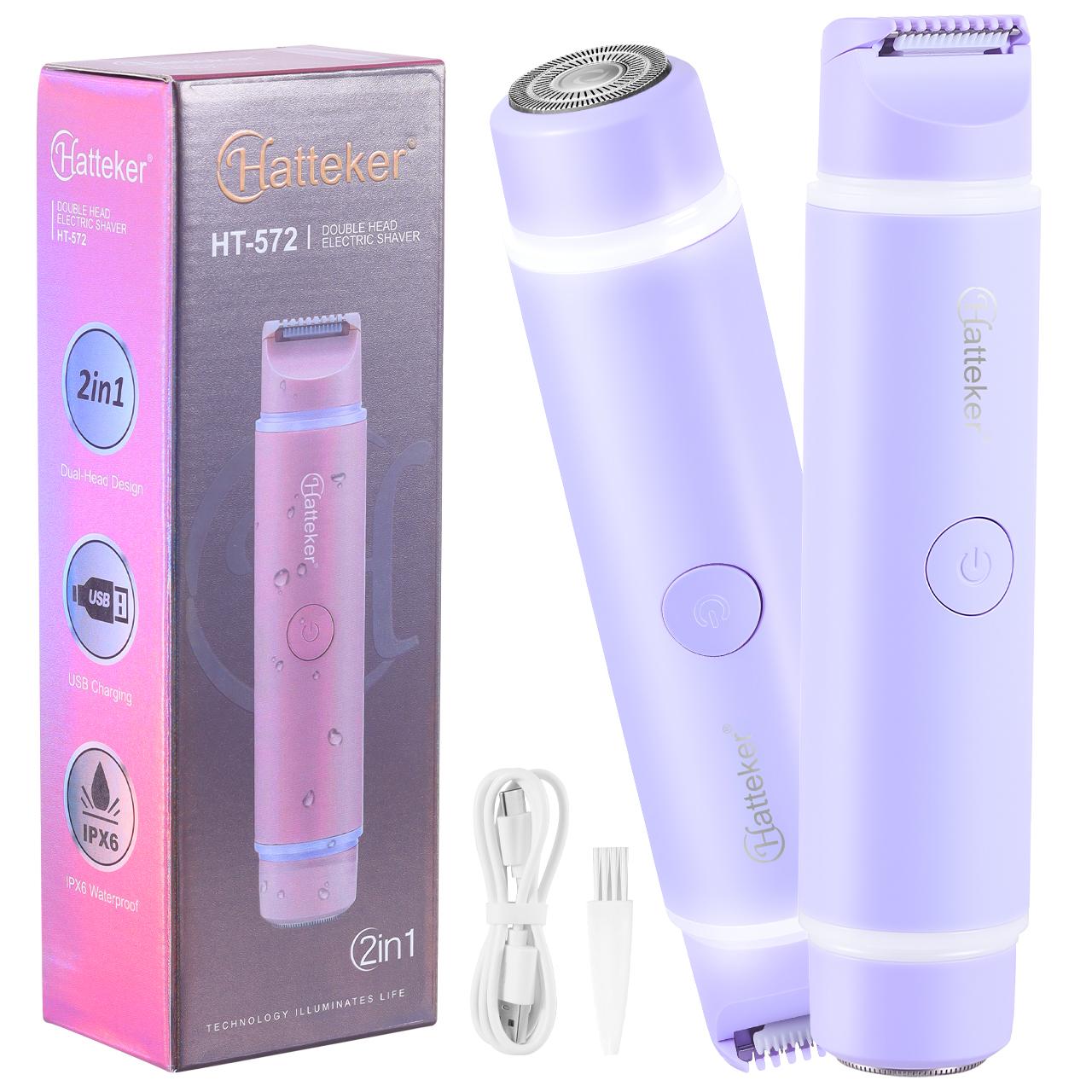

Эпилятор с двумя головками Hatteker для женщин, водонепроницаемый, USB-перезаряжаемый, портативный прибор для удаления волос для ног, подмышек и линии бикини фиолетовый