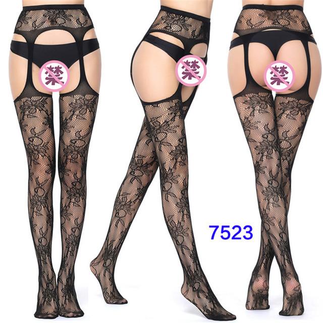 Sexy Lingerie Women's Fishnet Stockings With Garter Belt Summer Thin Lace Patterned Mesh Tights Female Black Suspender Pantyhose