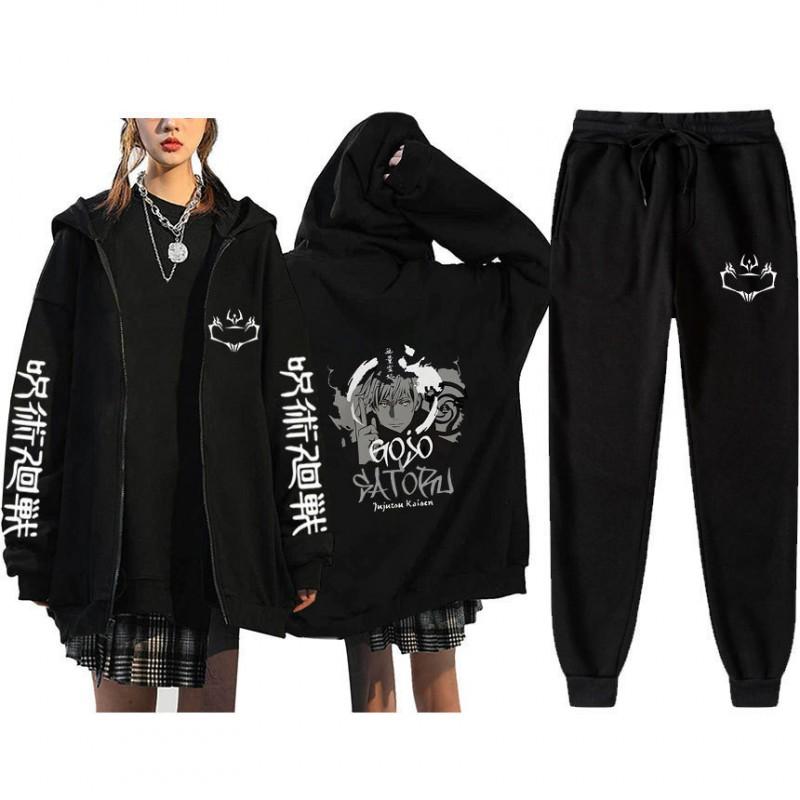 Unisex Winter Casual Sport Set With Anime Print Hooded Zip-Up Sweatshirt Jogger Pants Cotton Blend