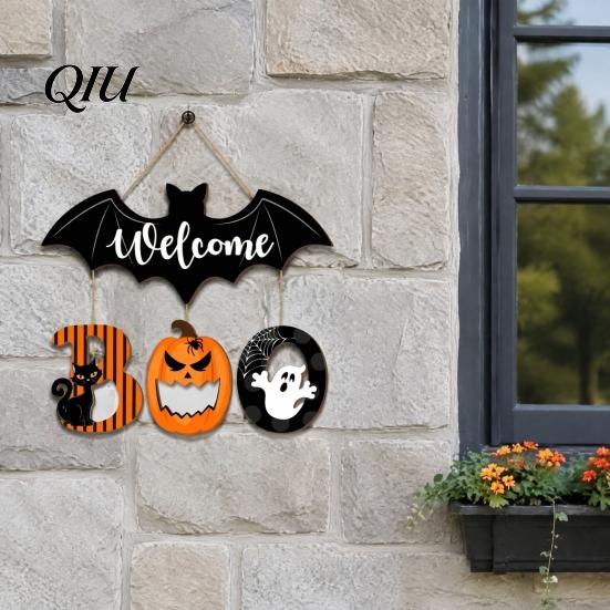 Indoor Outdoor Wall Decor Halloween BOO Door Sign, Spooky Bat Welcome Hanging Wooden Ghost Pumpkin Handmade Boxwood Sign Black Cat Hanger Ornaments