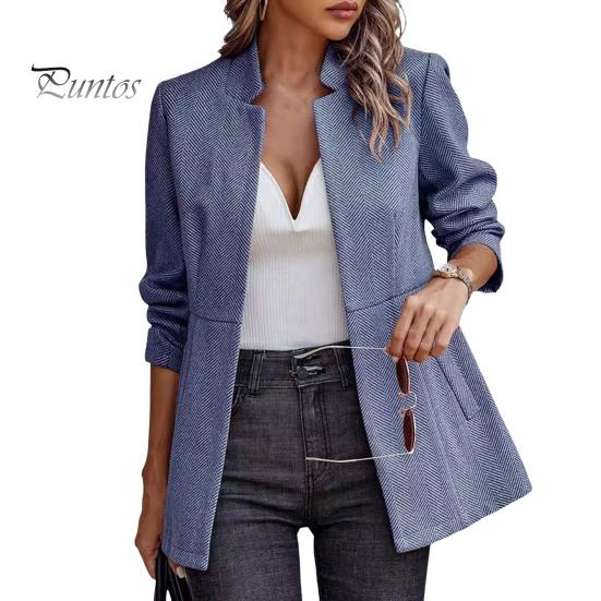 

Женский пиджак с воротником-стойкой, длинный рукав, однотонный, повседневный, свободный, пиджак с карманами, открытый спереди, деловая, официальная верхняя одежда S синий