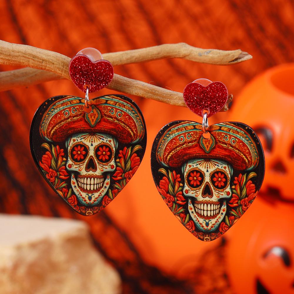 Hand-Painted Skull Acrylic Earrings - Halloween Party Jewelry for Women