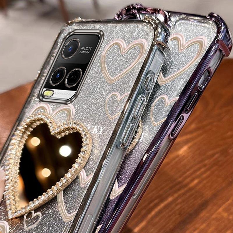 Airbag Wrist Strap Glitter Love Heart Mirror Phone Case For Vivo Y21 Y21S Y21T Y22 Y22T Y27 Y27S Y33S 2021 2022 2023 4G 5G Cover