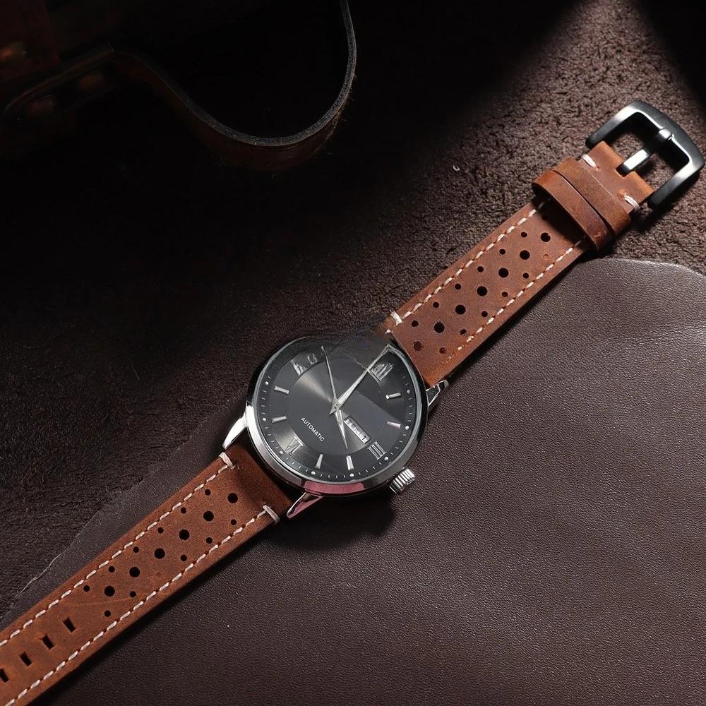 Vintage Handmade Watch Strap 18mm 19mm 20mm 21mm 22mm 24mm Racing Leather Strap Gray Black Brown Breathable Porous Watchbands
