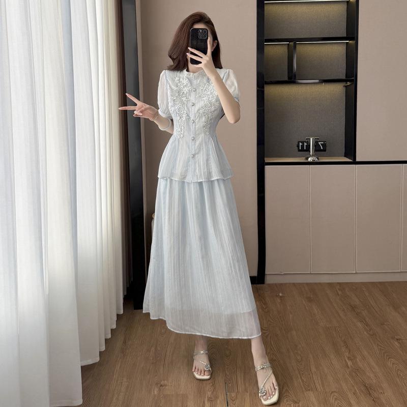 2026 Chic Light Blue Embroidered Top & High-Waisted Skirt Set