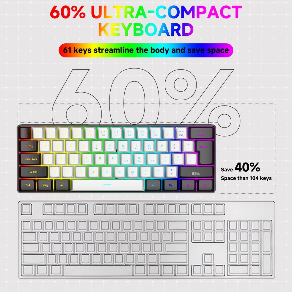 61-Key RGB Wired Gaming Keyboard & Mouse Set, Non-mechanical Membrane, Black & White, with Seven-Color Mini Backlight
