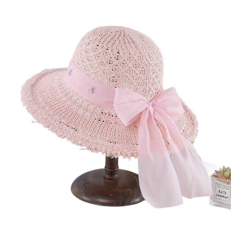 Hollow Woven Sun Hat Women'S Summer Sun Protection Big Brim Straw Hat Bow Pearl Decoration Beach Degree